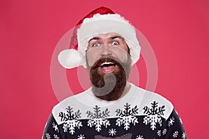 Being surprised. portrait of santa man with beard. new year party. christmas time. happy bearded man santa hat. brutal