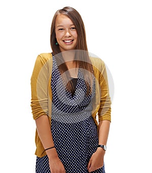 Being a teenager is easy. Studio shot of a happy teenage girl isolated on white.