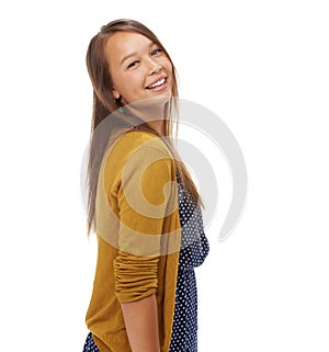 Being a teenager is easy. Studio shot of a happy teenage girl isolated on white.