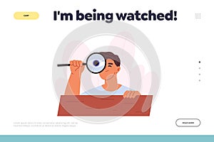 Being watched concept of landing page with curious young man spying, observing, sneaking