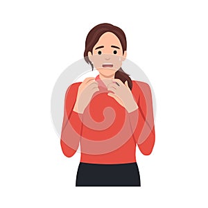 Being worried and stress concept. Portrait of attractive cute scared worried young girl cartoon character biting nails feeling