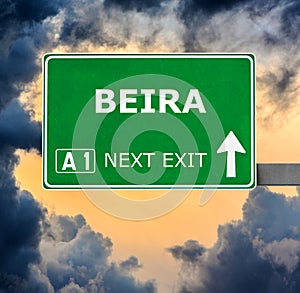 BEIRA road sign against clear blue sky