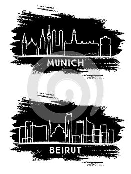 Beirut Lebanon and Munich Germany City Skyline Silhouette. Hand Drawn Sketch