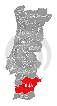 Beja red highlighted in map of Portugal