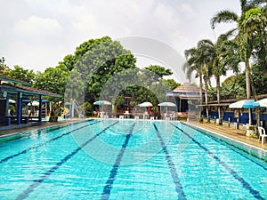 Bekasi, Indonesia, May 8, 2021: Maharani swimming pool in the city of East Bekasi, the color is clear and fun.