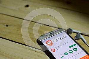 Brave Browser dev application on Smartphone screen. Fast AdBlocker