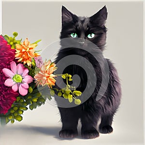 Belo gato preto, lindo, olhos azuis, com flores! photo