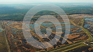 Belarus. Aerial View Of Ponds Autumn Landscape. Ponds of fisheries in the south of Belarus. Top View Of Fish Farms From