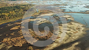 Belarus. Aerial View Of Ponds Autumn Landscape. Ponds of fisheries in the south of Belarus. Top View Of Fish Farms From