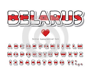 Belarus cartoon font. Protest red white stripe flag colors. Paper cutout glossy ABC letters and numbers. Vector