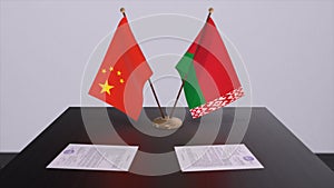 Belarus and China flag. Politics concept, partner deal between countries. Partnership agreement of governments 3D