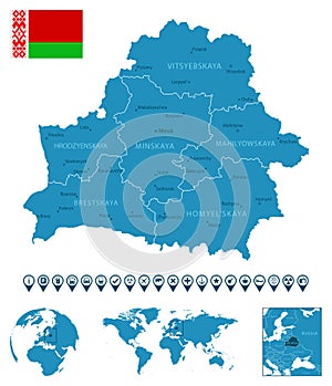 Belarus - detailed blue country map with cities, regions, location on world map and globe. Infographic icons