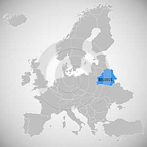 Belarus and Europe map - white country borders outline, blue shape