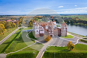 Belarus. Mir castle in the Minsk region. Aerial view of a medieval castle