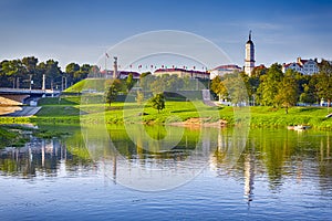 Belarus Travel Destinations. Cityscape of Mogilev City At Daytime Across the Dubrovenka River With Bridge and City Hall in