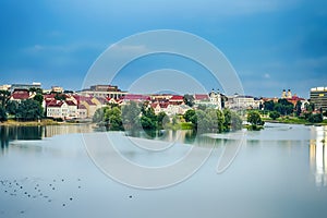 Belarus Travel Destinations.  View of Troicky Suburb With Svisloch River in Minsk Before Sunset