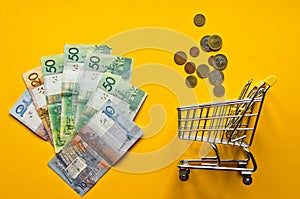 Belarusian rubles and coins on a colored background