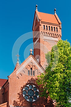 Belarussian Roman Catholic Church Of Saints Simon And Helen Red Church On Independence Square In Minsk, Belarus