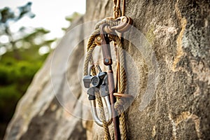 belay device and quickdraws on a climbing rope