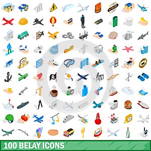 100 belay icons set, isometric 3d style photo