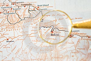 Belem Brasil, on an ancient map of south america. Travel agency advertising background