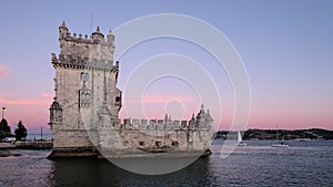 Belem Tower on the bank of the Tagus River in twilight. Lisbon, Portugal
