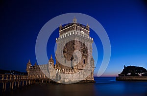 Belem tower, famous tourist attraction in Lisbon, Portugal, by night