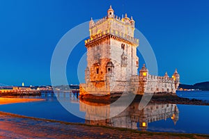 Belem Tower in Lisbon at night, Portugal