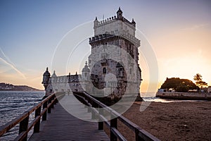 Belem tower at sunset in Lisbon, Portugal