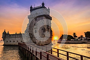 Belem Tower - Torre de Belem in Lisbon, Portugal at Colorful Dusk