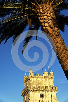 Belem Tower or Torre de Belem in sunset light, Lisbon.