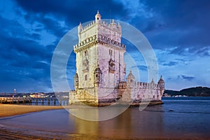 Belem Tower on the bank of the Tagus River in twilight. Lisbon, Portugal