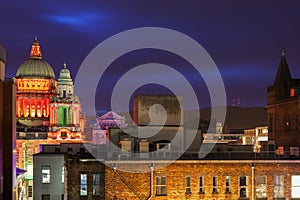 Belfast architecture with illuminated City Hall