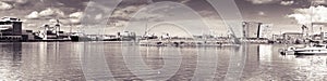 BELFAST, UNITED KINGDOM - AUGUST 24, 2016: Panoramic view of the Belfast`s harbor with the Titanic Museum Palace - toned image