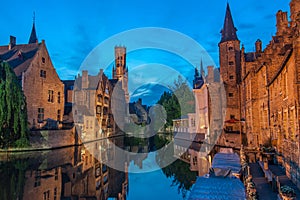 Belfort and the canals of Brugge in the evening