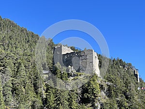 Belfort Ruins or Belfort Castle (Burg Belfort oder Burgruine Belfort) over the river Albula or Alvra, Surava