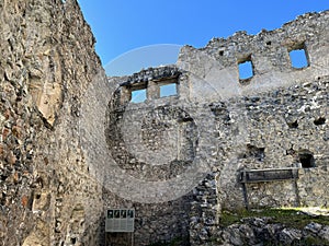 Belfort Ruins or Belfort Castle (Burg Belfort oder Burgruine Belfort) over the river Albula or Alvra, Surava