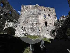 Belfort Ruins or Belfort Castle (Burg Belfort oder Burgruine Belfort) over the river Albula or Alvra, Surava