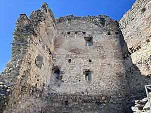 Belfort Ruins or Belfort Castle (Burg Belfort oder Burgruine Belfort) over the river Albula or Alvra, Surava