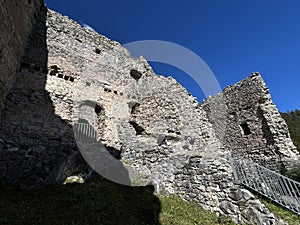 Belfort Ruins or Belfort Castle (Burg Belfort oder Burgruine Belfort) over the river Albula or Alvra, Surava