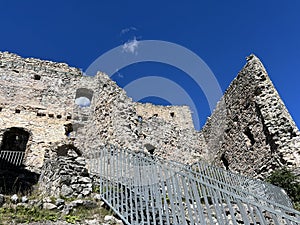 Belfort Ruins or Belfort Castle (Burg Belfort oder Burgruine Belfort) over the river Albula or Alvra, Surava