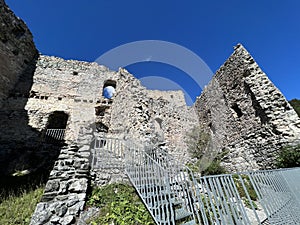 Belfort Ruins or Belfort Castle (Burg Belfort oder Burgruine Belfort) over the river Albula or Alvra, Surava