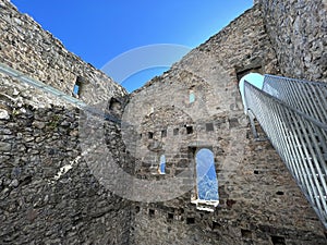 Belfort Ruins or Belfort Castle (Burg Belfort oder Burgruine Belfort) over the river Albula or Alvra, Surava