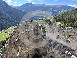 Belfort Ruins or Belfort Castle (Burg Belfort oder Burgruine Belfort) over the river Albula or Alvra, Surava