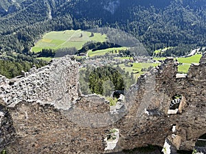 Belfort Ruins or Belfort Castle (Burg Belfort oder Burgruine Belfort) over the river Albula or Alvra, Surava