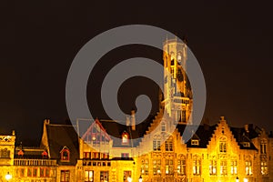 Belfort tower, aka Belfry, of Bruges by night, Belgium.