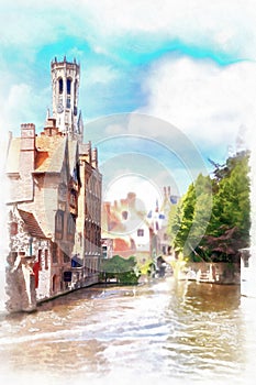 Belfort tower in Bruges digital painting