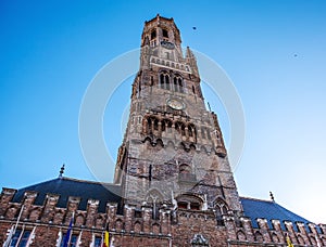 Belfort tower in Bruges, touristic center in Flanders city of Brugge and UNESCO world heritage