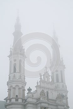 Belfries of the Church of the Holiest Saviour in Warsaw in mist