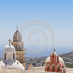 Belfries of classical churches of Santorini island